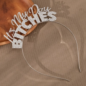 Silver metal headband with My Pay BITCHES rhinestone lettering for party decor