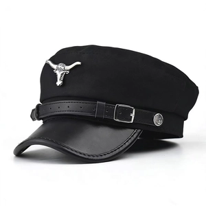 Casquette Militaire Vintage Chapeau Marin Coton Lin Bord En Cuir Badge Tête De Taureau Métal Style Britannique Rétro Punk