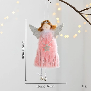 Detailed view of pink plush angel ornament with silver wings and bells for Christmas trees