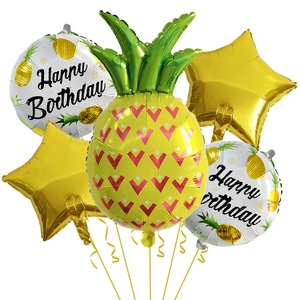 5-piece pineapple balloon set with yellow stars and Happy Birthday foil balloons