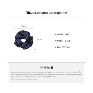 Detailed product dimensions and specifications for navy blue polka dot scrunchie