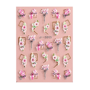 5D embossed nail stickers featuring pink flowers and golden frames on white background