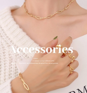 Golden geometric necklace and minimalist jewelry set worn over white knitwear