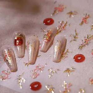 Autocollants Art Des Ongles Gaufrés 3D Style Chinois Bronzage Motifs Bambou Or Serpent Dragon Décoration Manucure
