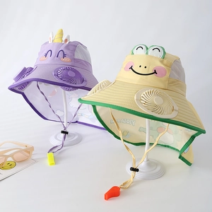 Detail of children's sun hat with dual cooling fans and adjustable whistle safety strap