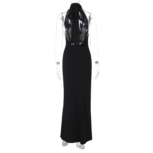 Detail of black halter neck dress featuring an elegant backless design and slim fit silhouette