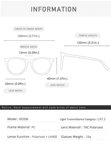 Detailed size chart for polarized sports sunglasses with frame dimensions in millimeters