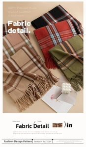Detailed close-up of plaid cashmere-like scarves featuring elegant tassels and soft textures