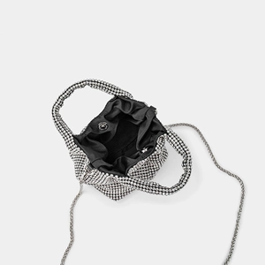 Silver rhinestone bucket evening bag with magnetic closure and chain shoulder strap