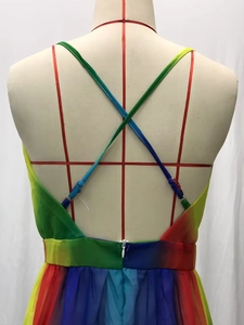 Detailed back view of rainbow gradient chiffon dress with crisscross straps and zipper