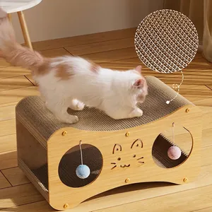Dual-layer wooden cat house with scratching board, cozy cat bed and hanging play balls