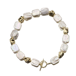 Baroque pearl necklace with gold OT toggle clasp elegant iridescent white pearls