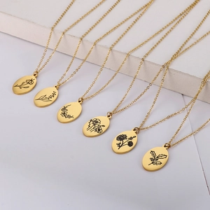 Set of six gold stainless steel oval flower necklaces with elegant floral engravings