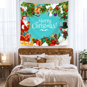 Detailed Christmas wall tapestry featuring Santa Claus and a snowman over a cozy bed setup