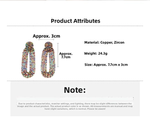 Detailed view of colorful zircon drop earrings with size 7.7cm by 3cm and 24.3g weight