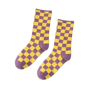Classic checkered crew socks in purple and yellow pattern with reinforced heel and toe