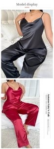Detail showing smooth satin texture and elegant V-neck design on women's pajama set