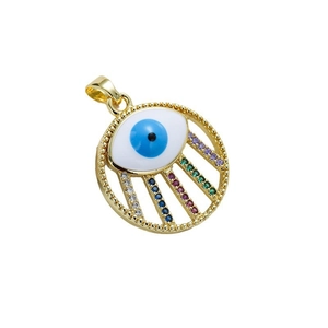 Gold Evil Eye pendant with blue enamel and colorful cubic zirconia on a white background
