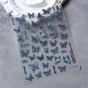 Holographic laser butterfly nail stickers with metallic gold accents and blue-purple shine