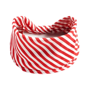 Detailed view of red and white striped yoga headband with elastic twisted fabric design
