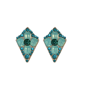 Elegant geometric rhombus drop earrings with teal zircon crystals in a rose gold setting