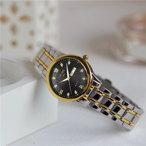 Elegant silver and gold stainless steel quartz watch with black dial and calendar display