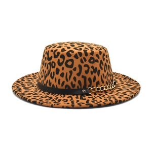 Detail of leopard print flat top wool fedora hat featuring a stylish gold metal chain band