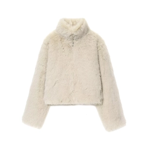 Short faux fur coat in beige with high neck and long sleeves on white background