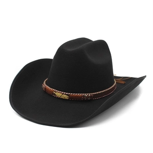 Classic black felt cowboy hat with brown braided band and gold feather ornament