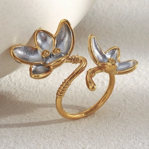 Stainless Steel 18K Gold Plated Flower Open Ring Double Two Color Adjustable Matte Texture Vintage Jewelry For Women