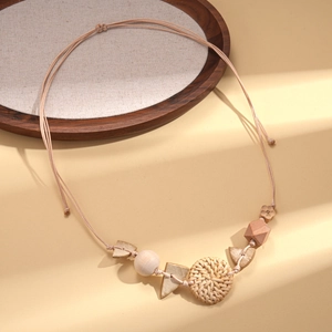 Bohemian woven rattan circular necklace with wooden beads and geometric wood accents