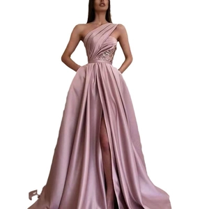 Elegant mauve one-shoulder evening gown with slit, sequins, and floor-length satin skirt