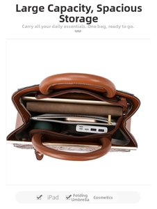 Top view of brown tote bag interior featuring multi-compartment storage and large capacity