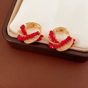 Retro Red Glass Bead Hoop Earrings With Twisted Copper Design And Silver Earring Post For Women Elegant Style