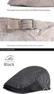 Detalle de gorra solar negra con tela texturizada, hebilla metálica y visera curva