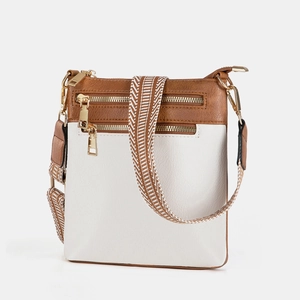 Retro contrast PU leather crossbody bag with wide jacquard strap and dual front zippers