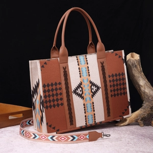 Bohemian cotton linen tote with geometric patterns and detachable printed shoulder strap