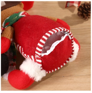 Detailed view of the red felt Christmas gift bag featuring a zipper and soft faux fur trim
