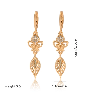 Detail showing dimensions of gold-plated butterfly and zircon leaf drop earrings