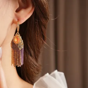 Bohemian multilayer gold chain tassel earrings with orange teardrop zircon and beads