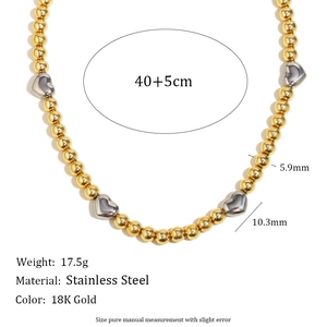 Collana in acciaio inossidabile placcato oro 18K con perline e cuore, 40+5cm