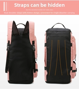 Detail view showing hidden backpack straps on pink and black multi-function travel bag