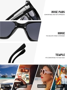 Detailed views of square sunglasses hinges, nose pads, and trendy lifestyle usage scenes