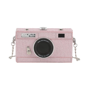 Pink sequin camera-shaped crossbody bag with silver chain and glitter flash detail
