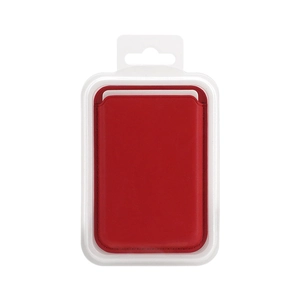 Red leather MagSafe card holder for iPhone with magnetic attachment and retail packaging