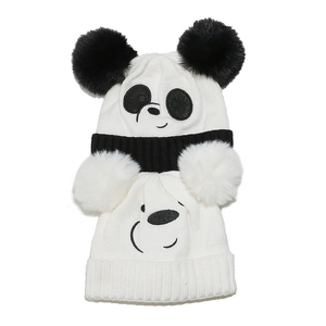 Bonnet panda tricoté pour enfants avec doublure polaire et pompons pour automne hiver