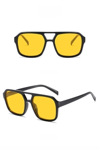 Detailed views of square aviator sunglasses with black frames and yellow tinted lenses
