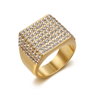 Gold plated hip hop square ring with sparkling pave cubic zirconia on brushed steel