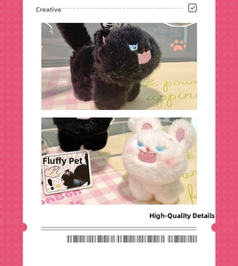 Detail of furry cat and rabbit plush keychain with embroidered facial expressions