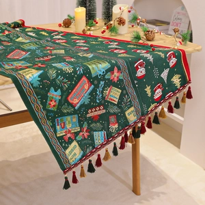 Christmas chenille table runner with Santa Claus prints and festive colorful tassels
